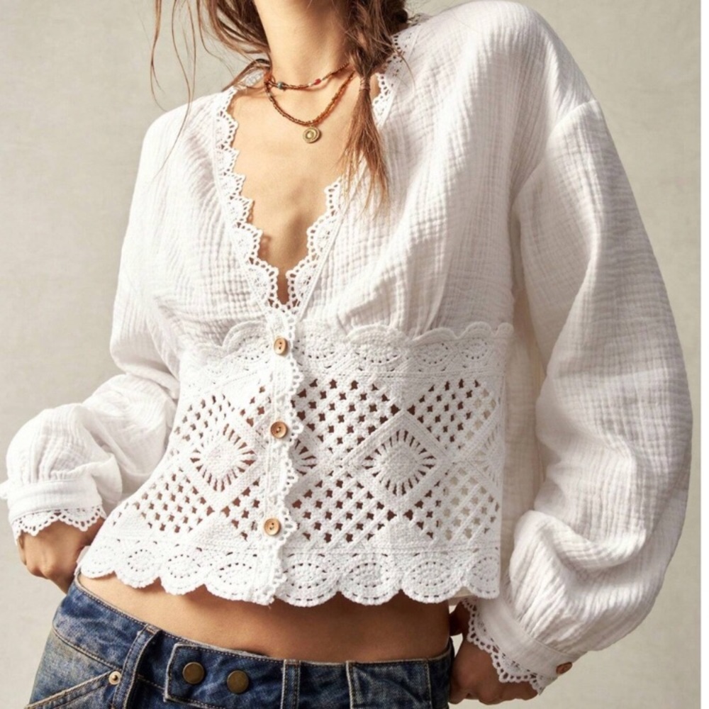 Boho V neck Button Down Semi Sheer Long Sleeve Blouse